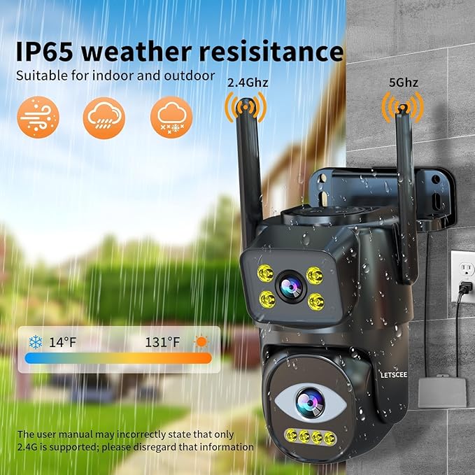 Dual Lens WiFi Security Camera Outdoor, 2.4G/5G PTZ Outdoor Plug-in Camera Auto Tracking,Home Security Surveillance System,WiFi,Night Vision,7/24 Recording