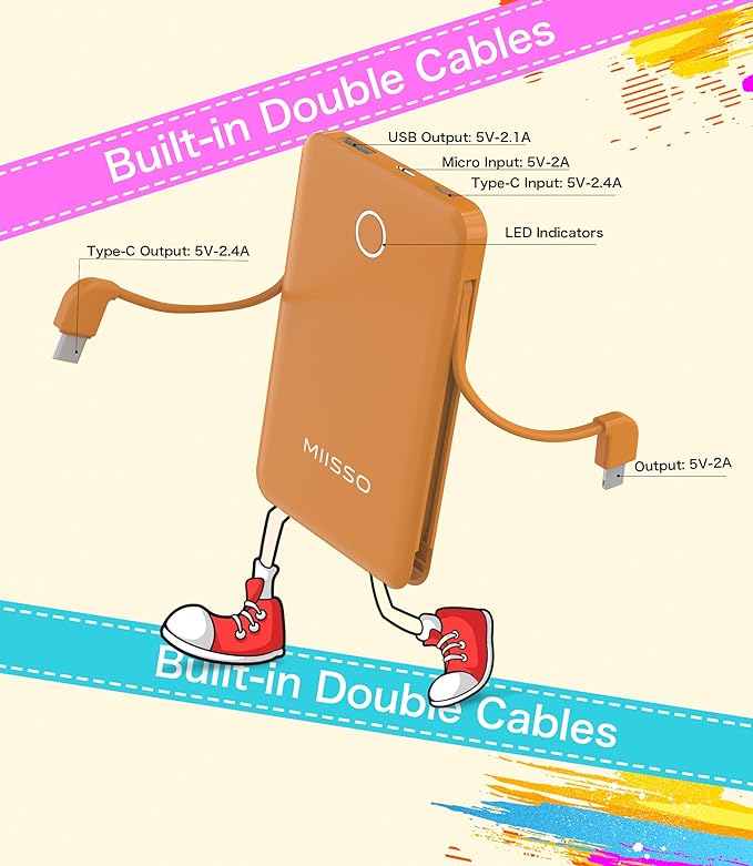 6000mah Ultra Slim Built in Cables Power Bank, Card Size Built in USB C Cords Battery Pack Portable Charger for Phones, 3 Output External Battery Pack Compatible with iPhone, Samsung, Google, Brown