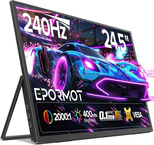 Portable Monitor 24.5” 240Hz, Gaming Monitor with FreeSync, HDR, 0.1ms, 180° Adjustable Kickstand & VESA, USB-C & HDMI, 2000:1 Contrast, 400Nits IPS Large Travel Second Screen for Laptop, Game Console