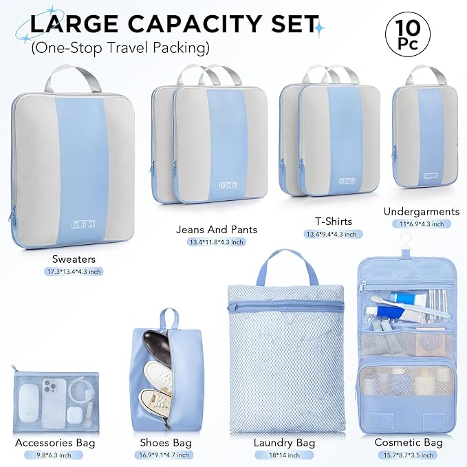 10 Set Compression Packing Cubes for Travel Essentials,Compressible Expandable Packing Cubes for Suitcase,OlarHike Luggage Organizer Bags for Travel,Handy Helper for Organizing Clothes(Light Blue)