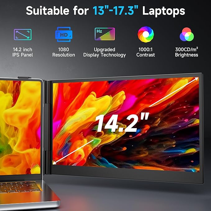 Laptop Screen Extender 0.17" Ultra-Thin, 14.2" FHD 1080P IPS Portable Monitor for Laptop, Dual Screen Travel Monitor Extender Suitable for 13"-17.3" Plug & Play for Windows/Mac/Android/Switch/PS-5