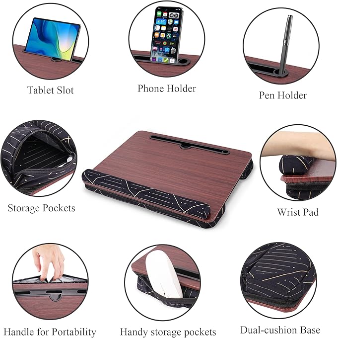 Lap Desk,Fits up to 15.6 inch Laptop Bed Table Computer with Soft Pillow and Storage Bag,Gaming Tray and Writing Tray on Bed for Home Office(2-Light Brown)