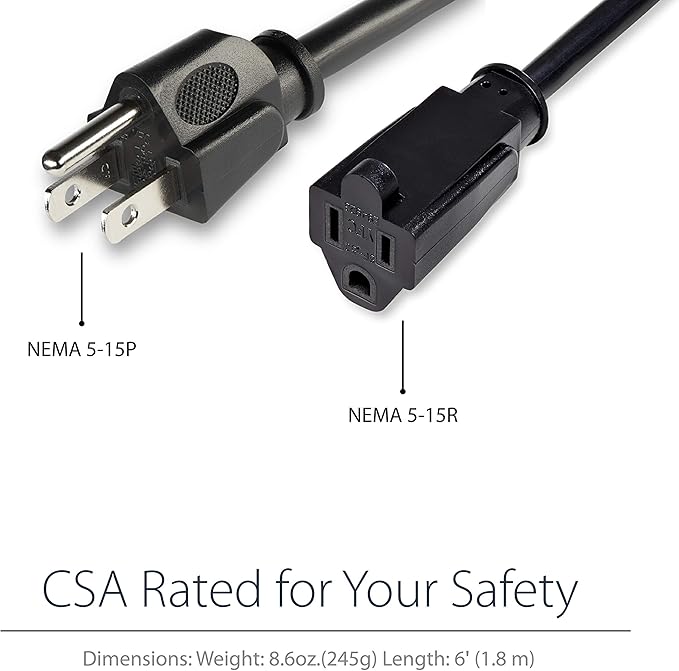 StarTech.com 6ft (2m) Power Extension Cord, NEMA 5-15R to NEMA 5-15P Black Extension Cord, 13A 125V, 16AWG, Outlet Extension Power Cable, AC Power Cord - UL Listed (PAC1016)