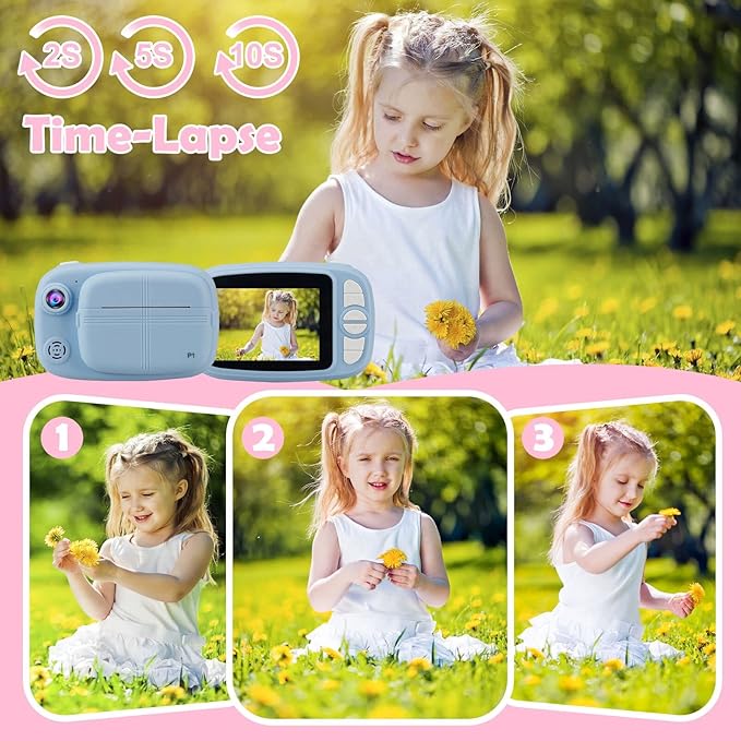Kids Instant Camera, Mijiaowatch 12MP/1080P Kids Digital Print Camera with 3.5 Inch Cameras for Kids 32GB TF Card, Kids Gift Toys for Ages 3-14 (Blue)