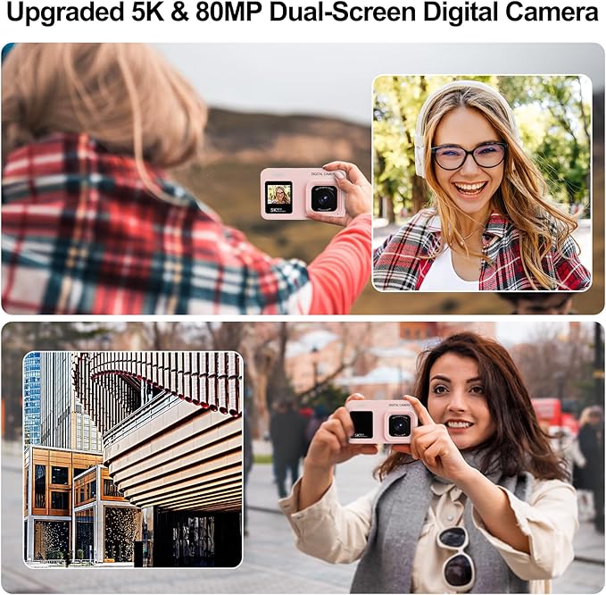 Upgraded 5K Dual Screen Digital Camera,80MP Vlog Photography Camera for YouTube,Campus,Travel,Compact Point & Shoot Camera for Teens & Beginners with Autofocus,18x Zoom,Anti-Shake,Pink