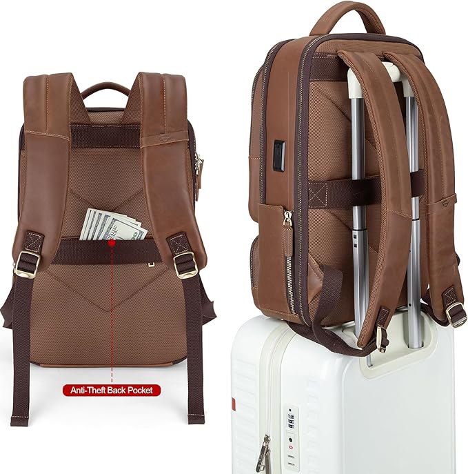 Tzowla Leather Laptop Backpack, Bag for Men and Women,Business Travel Work Rucksack Fits 15.6 Inch Laptop, Bookbag with USB and Type-C Charging Port-Brown