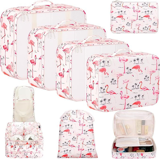 BAGAIL 8 Set Packing Cubes Luggage Packing Organizer Bags for Travel Accessories-Pink Flamingo