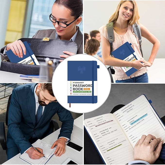 Password Book with Alphabetical Tabs, Hardcover Password Keeper, Size 4.4''x 6.1'' Password Notebook for Saving Internet Login, Username, Password Organizer for Computer & Website Logins, Blue