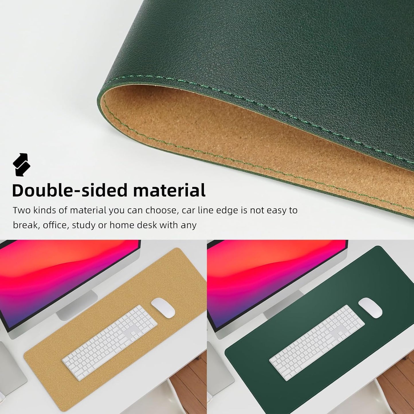 Leather Desk pad Protector, Large Desk mat with Natural Cork & PU Leather,Large Mouse pad, Office Desk Mat,Waterproof Desk Writing Pad for Office and Home (47in*17in, Dark Green)