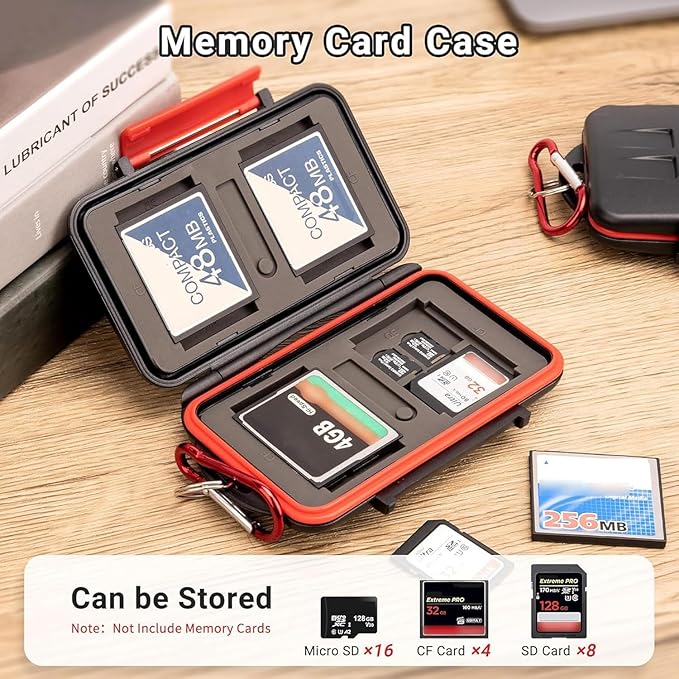 Kiorafoto 28 Slots : 16 TF + 8 SD + 4 CF Memory Card Holder Case Storage Protector Wallet For TF MSD Micro SD SD SDHC SDXC SDUC CF Compact Flash Memory Cards With Carabiner + Card Tray Removal Pin Key