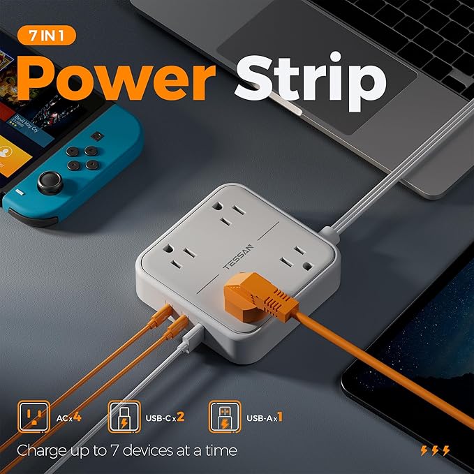 Flat Plug Surge Protector Power Strip, TESSAN 5 ft Ultra Thin Extension Cord with 3 USB Wall Charger(2 USB C Ports), 4 Outlets Slim Desk Charging Station for Travel, Office, Dorm Room Essentials