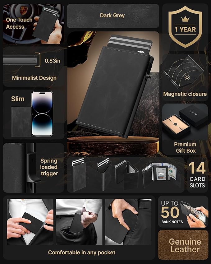 typecase Mens Wallet Card Holder: Pop Up Aluminum Case, Genuine Leather, Smart, RFID Blocking, Slim, Minimalist, Front Pocket - 9-14 Card Capacity | ID Window | Cash Slot - Oil Wax Black