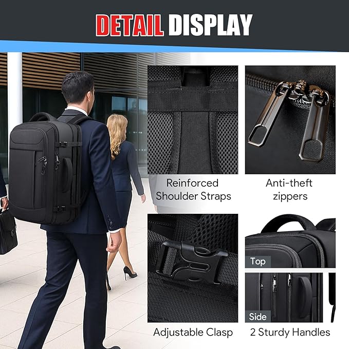 55L Extra Large Travel Backpack, Expandable 50L - 60L Carry On Backpack, Travel Luggage Suitcase Anti-Theft TSA Flight Laptop Bag, Sturdy 18.4 Inch XXXL Daypack Weekender Gifts for Men, Black