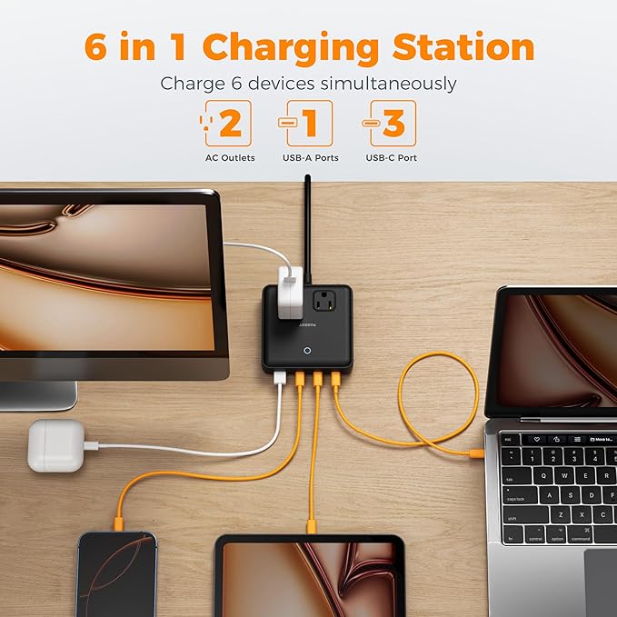 TESSAN Charging Station PD 100W for Multiple Devices, 6-in-1 USB C Charger Block Compatible with iPhone 16/15, MacBook, Charging Dock with 3 USB-C, 1 USB-A & 2 AC, Home Office Travel Accessories