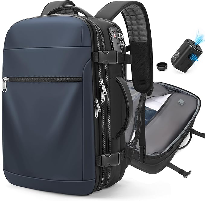 Vacuum Backpack Travel – Expandable Compression Carry On Backpack with Vacuum Pump, Water-Resistant TSA Lock Travel Bag, 17" Laptop Backpack for Men Women, Business Airplane Flight Luggage, Navy Blue