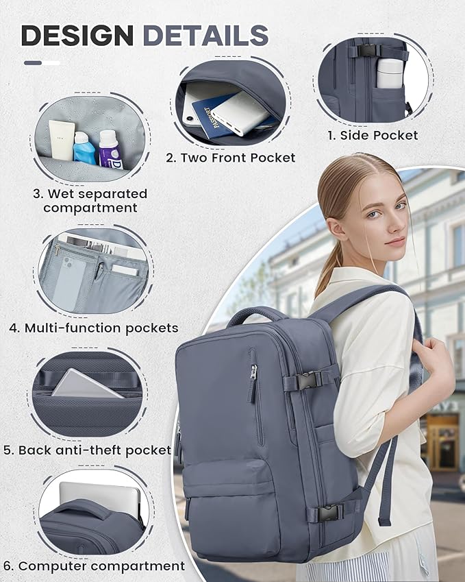 Vacuum Travel Backpack with Pump for Women, Personal Item Carry on Backpacks Flight Approved 18x14x8 inches for Men,Laptop Waterproof Work Compression bags Casual Daypack. (GreyBlue)