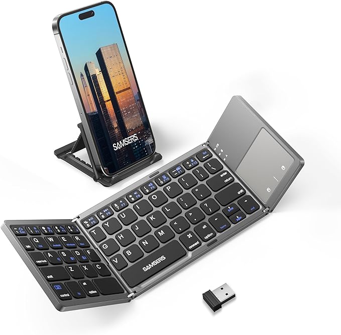 Samsers Multi-Device Foldable Bluetooth Keyboard with Touchpad Rechargeable Dual-Mode(2.4G+BTx2) Wireless Keyboard with Holder, Portable Ultra Slim Folding Keyboards for Android Windows iOS Mac OS
