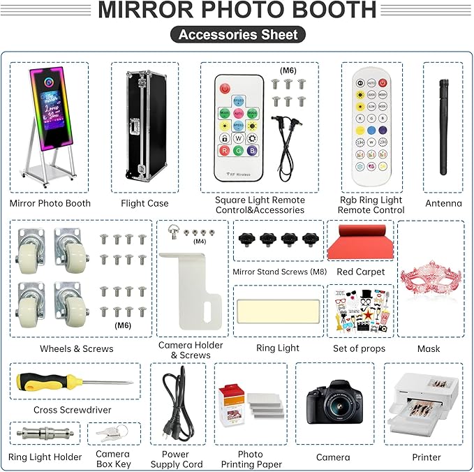 Mirror Photo Booth with Camera and Printer, 40" Magic Mirror Photo Booth, 22" Touch Screen Built-in Mini PC with Instant Print and Sharing, Music Sync Control RGB Light (White, 45-22" Full Set)