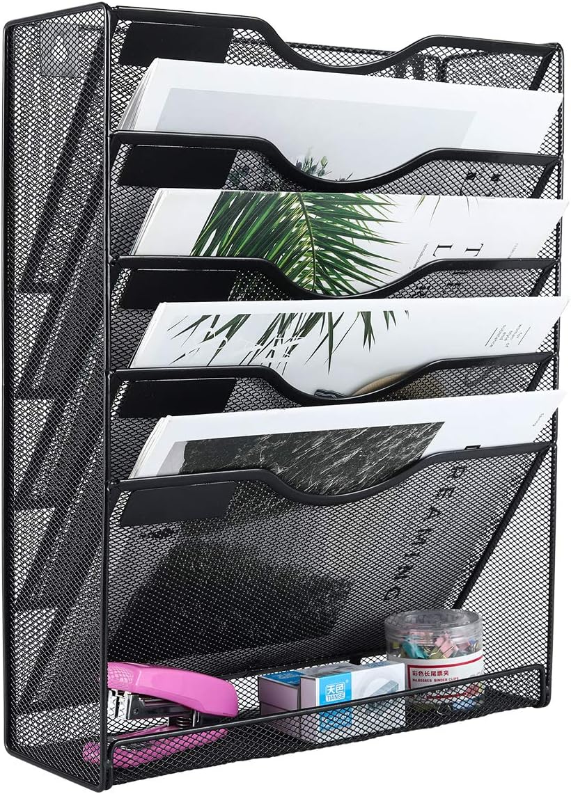 EasyPAG 5-Tier Wall File Holder, Mesh Hanging Folder Organizer with Classify Label, Versatile Desk File Organizer for Office Home, Space-Saving Vertical Wall Mounted Mail Paper Sorter, Black