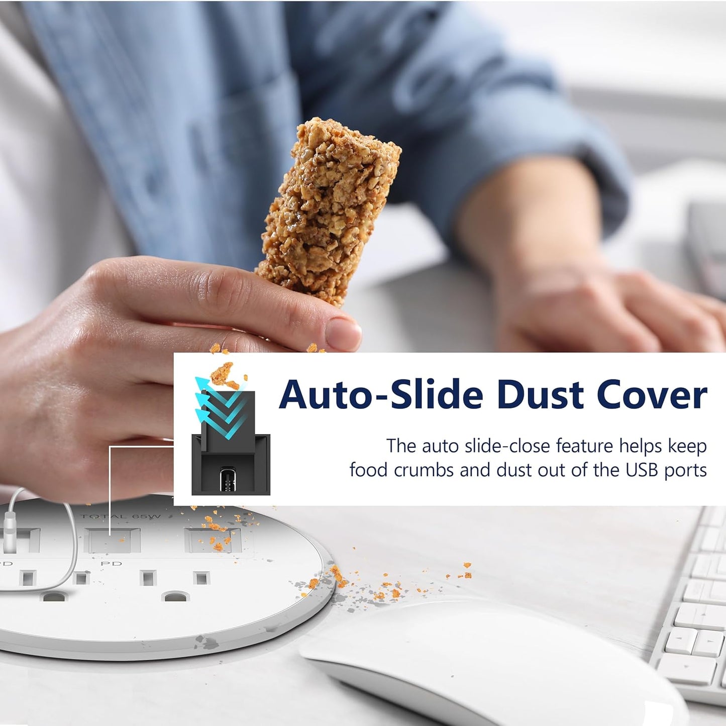 LIDER PD 65W GaN Technology Desktop Power Grommet, Power Delivery, USB-A and 2 USB-C Ports, Tamper-Resistant Receptacles, Self-Close Cover, Desk Charging Station, White, 6.5ft Cord, ETL Listed