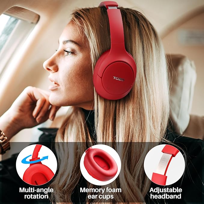 TOZO HT2 Hybrid Active Noise Cancelling Headphones, Wireless Over Ear Bluetooth Headset, 60H Playtime, Hi-Res Audio Custom EQ via App Deep Bass Comfort Fit Ear Cups, for Home Office Travel Dark Red