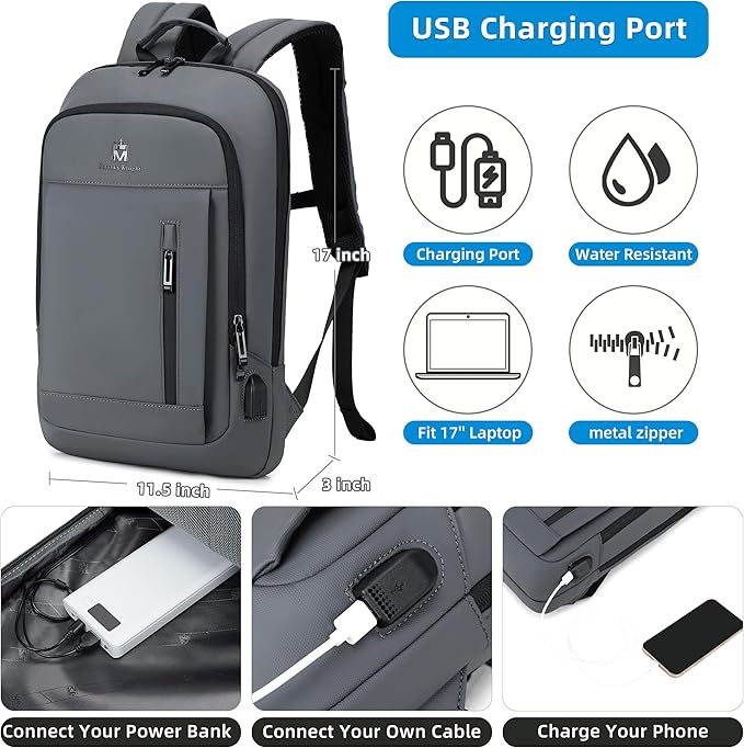 Caoroky knight Backpack Laptop Men 15.6 inch Slim Work Business Backpacks with USB Charging Port Mens Travel Bag Bookbag (Grey-1, Medium)