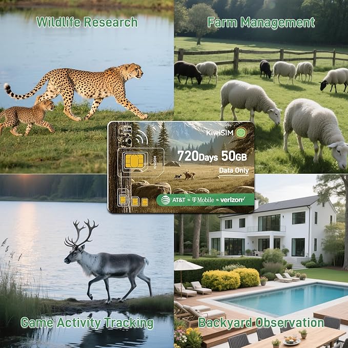 4G LTE Data SIM Card 50GB - 2 Years for Trail Camera & Security Camera, SIM Card for Wildlife Cameras, 3-in-1 SIM Kit with AT&T/T-Mobile/Verizon Coverage, No Contract & Auto Network Switching