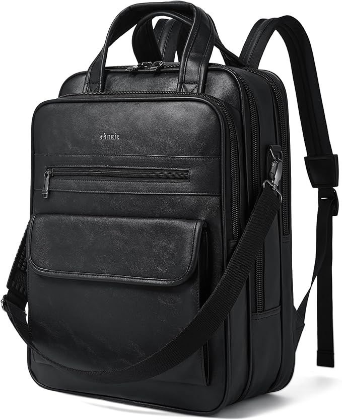 Shrrie Laptop Backpack for Women and Men, 15.6 Inch Vegan Leather Computer Backpack Professional Water-Resistant Casual Daypack for Work Business College Travel Office,Two-toned Black