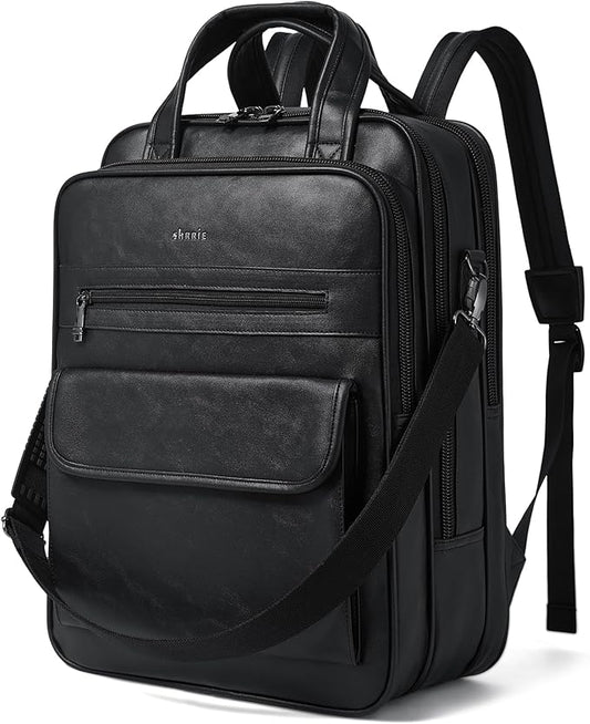 Shrrie Laptop Backpack for Women and Men, 15.6 Inch Vegan Leather Computer Backpack Professional Water-Resistant Casual Daypack for Work Business College Travel Office,Two-toned Black