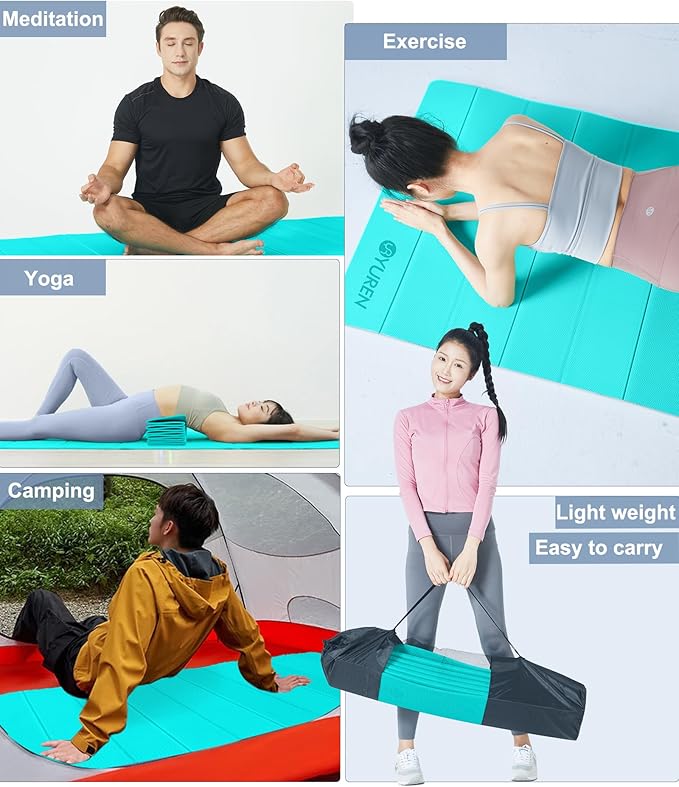 Foldable Yoga Mat 10mm Thick Wide Exercise Mat Non Slip Workout Mat for Home Gym, Travel, with Yoga Carrying Bag
