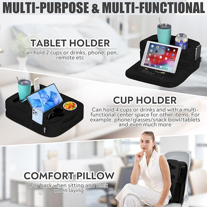 Couch Cup Holder Tray Pillow - Bed, Couch Caddy, Sofa, RV & Car - Holds Drinks, Snacks, Remotes, Phones, Kindle, Tablet | Bed Cup Holder (Black)