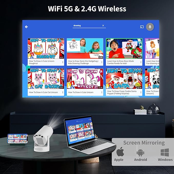 Mini Projector Android, WiFi Bluetooth 1080P Support HD Smart Projector with Apps, Auto Keystone, 180° Rotation, Portable Home Outdoor Movie Projector, Compatible Smartphone, Laptop, HDMI