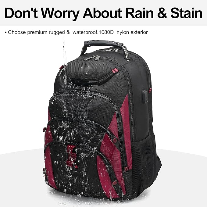 Boavan Laptop Backpack for men, 17.3 inch Laptop Bag with USB Port, Waterproof Travel Work Backpack Purse, Anti-Theft Teacher Nurse Doctor Casual Bookbags Office Business backpack，Black&Russet Red