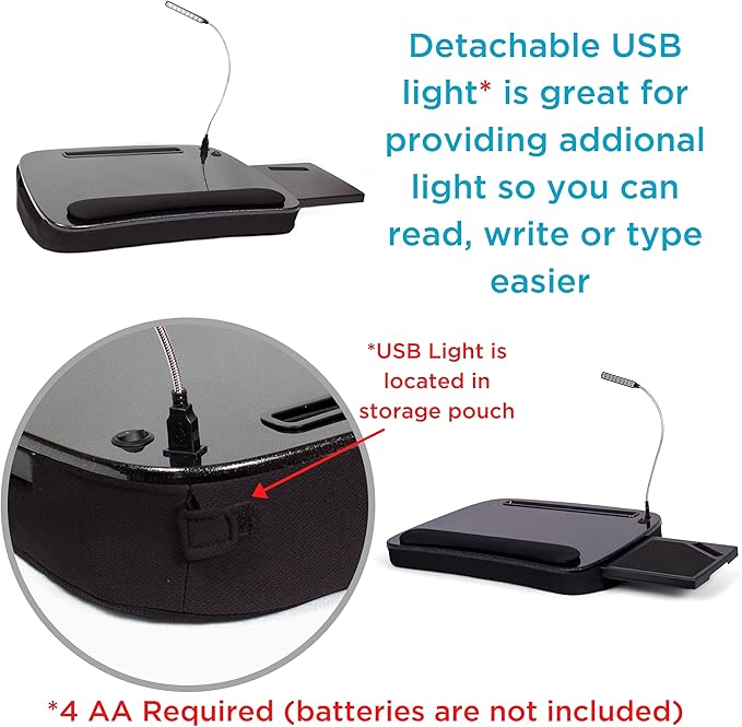 BIRDROCK HOME Multi-Tasking Lap Desk with Memory Foam Cushion | USB Light and Mouse Pad | Fits Laptops Up to 15" | Tablets Up to 9.6" | Smartphones Up to 4" | Black Spackle Top | Home Office