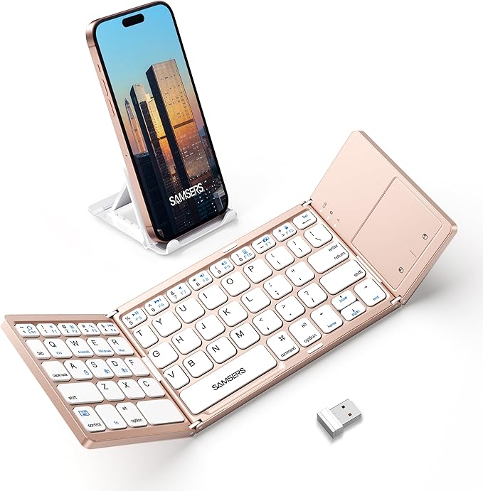 Samsers Multi-Device Foldable Bluetooth Keyboard with Touchpad, Rechargeable Dual-Mode(2.4G+BTx2) Wireless Keyboard with Holder, Portable Folding Keyboards for Android Windows iOS Mac OS - Pink