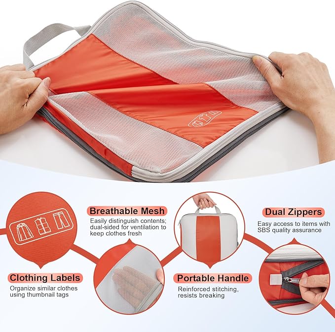8 Set Compression Packing Cubes for Travel Essentials,Compressible Expandable Packing Cubes for Suitcase,OlarHike Luggage Organizer Bags for Travel,Handy Helper for Organizing Clothes(Orange)