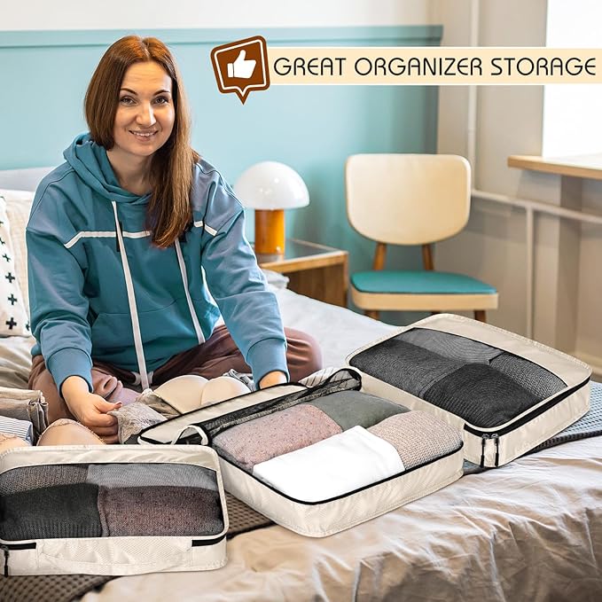 5 Pcs Packing Cubes for Suitcase Large Travel Cubes Carry on Luggage Organizer Bags for Clothes Accessories(L,Khaki)