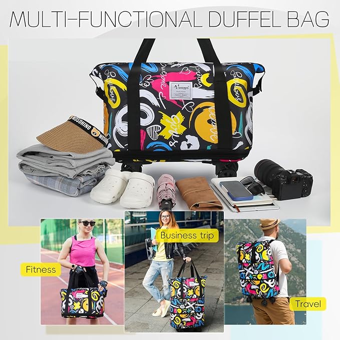 VOOWO Duffel Bag with Wheels - Rolling Foldable Expandable Duffle Bag with Wheels for Travel, Rolling Luggage Carry On Bag with Wheels, Large Rolling Backpack Weekend Bags for Men Women (Black)