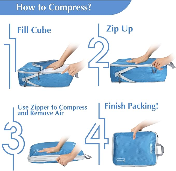 8 Set Expandable Compression Packing Cubes for Suitcases Travel Essentials Carry On Waterproof Storage Bag With Dry And Wet Separation Blue