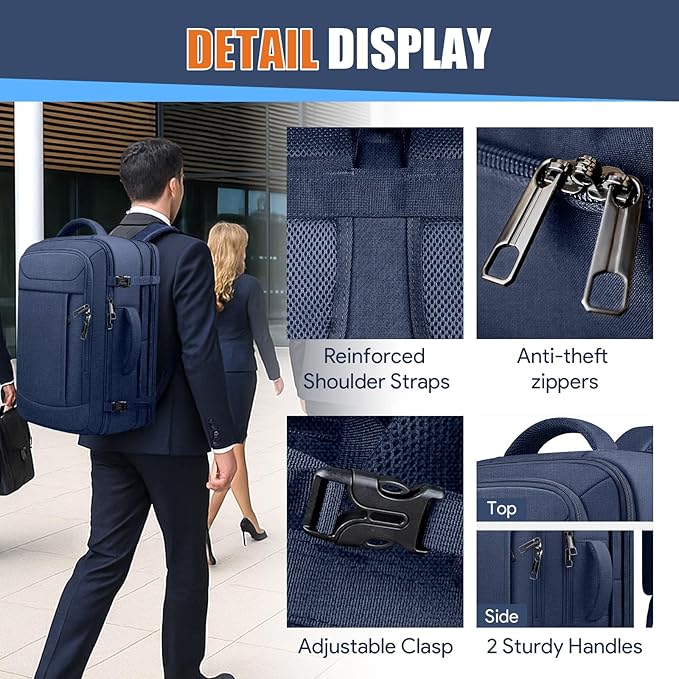 55L Travel Backpack, Extra Large Laptop Backpack, Carry On Backpack, Expandable 50L - 60L Large Luggage TSA Flight Approved Anti-Theft Laptop Bag, 18.4 Inch Business Weekender Bag For Men, Blue