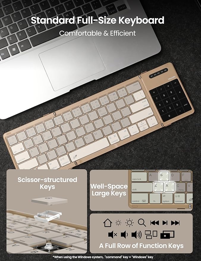 Nillkin Foldable Travel Keyboard with Touchpad & Number Pad, Bluetooth Wireless Portable Folding Full Size Keyboard with Trackpad for PC Laptop iPad Tablets Smartphone, Silicone Leather Cover, Khaki