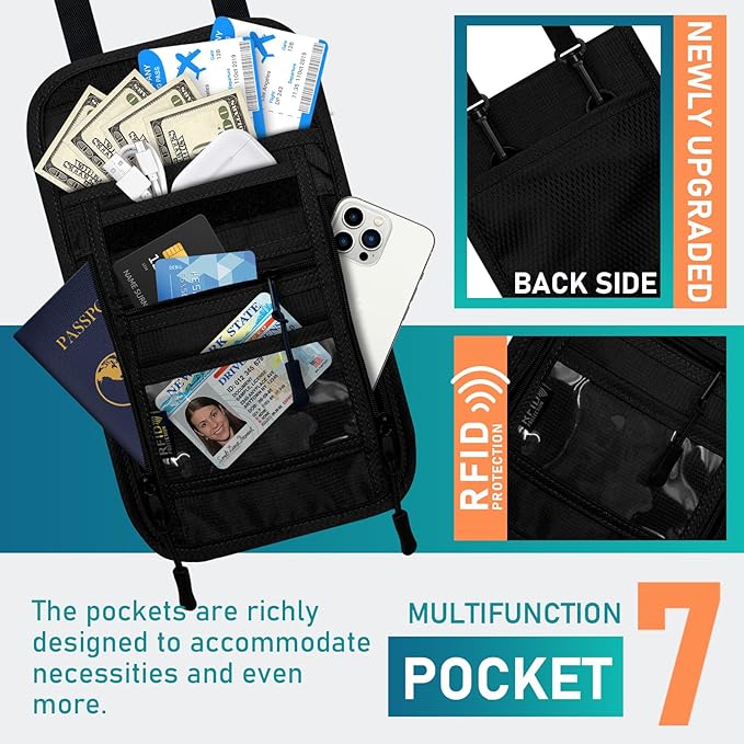 sundee Travel Neck Wallet with Double Zippers, RFID Blocking Passport Holder with Adjustable Neck Strap for Men and Women to Keep Cash, Credit Cards and Travel Documents Safe - Black