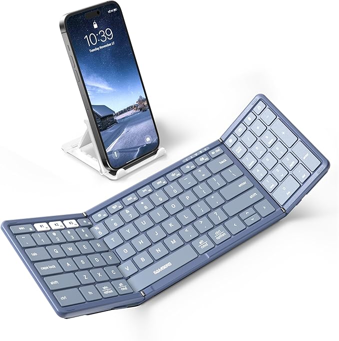 Samsers Foldable Bluetooth Keyboard with Numeric Keypad, Full-Size Wireless Folding PU Leather, Portable Travel for iOS Android Windows Mac OS, Support 3 Device(BT5.1 x 3) Blue