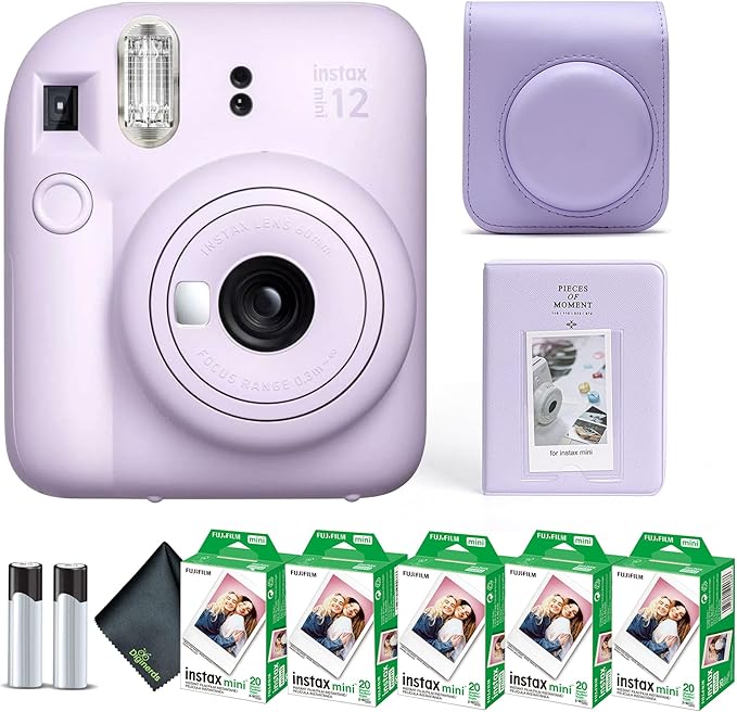 Fujifilm Instax Mini 12 Instant Camera Lilac Purple Bundle with Fuji Instax Mini Film Value Pack (100 Sheets) + Protective Carrying Case + Photo Album + Microfiber Cleaning Cloth
