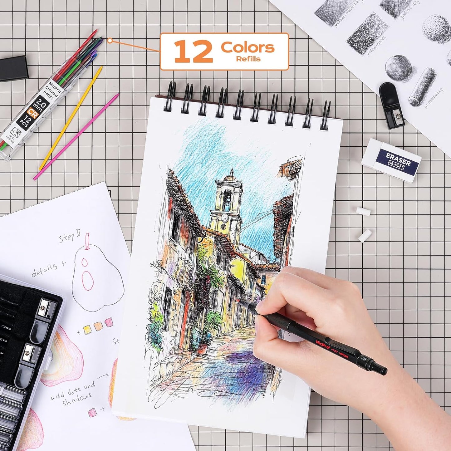 Nicpro Black Art Mechanical Pencil Set, 5PCS Metal Drafting Pencils 0.3, 0.5, 0.7, 0.9 mm & 2mm Graphite Lead Holder For Sketching Drawing With 9 Tubes (4B 2B HB 2H Colors) Lead Refills Erasers Case