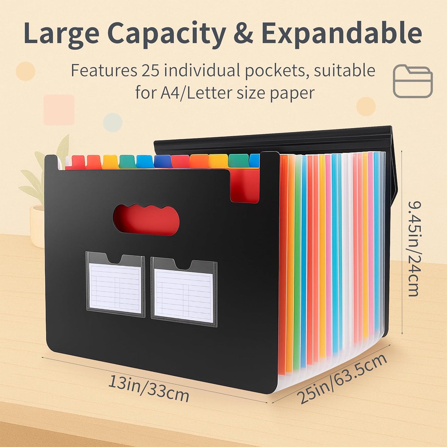 Accordion File Organizer, 2 Pack Secure Closure Expanding File Folder with 25 Pockets, Blank Labels and Colorful Inner Page, Large Waterproof Quick Access Folder Organizer for A4/Letter Size, Black