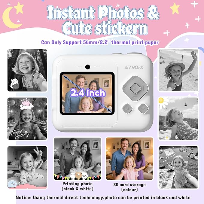 Kids Camera, 1080P Instant Digital Print Camera for Kids, Christmas Birthday Gifts for 4 5 6 7 8 9 10 Year Old Girls Boys, Portable Toy with 32GB SD Card & 3 Rolls Printing Paper, 1 Count, White