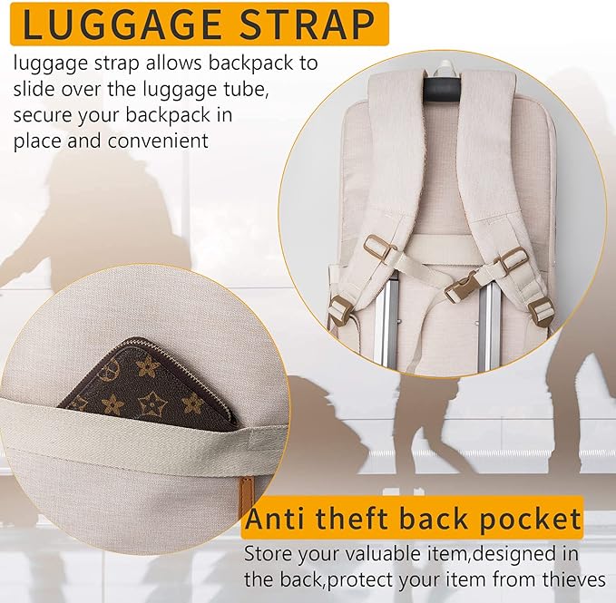 NOBLEMAN Best Laptop Backpack for Women, Professional Adult Office Commuter Womens Computer Backpack, Luxury Lightweight Carry on Travel Personal Item Bag For Airlines Fits 16 Laptop (Beige Plus)