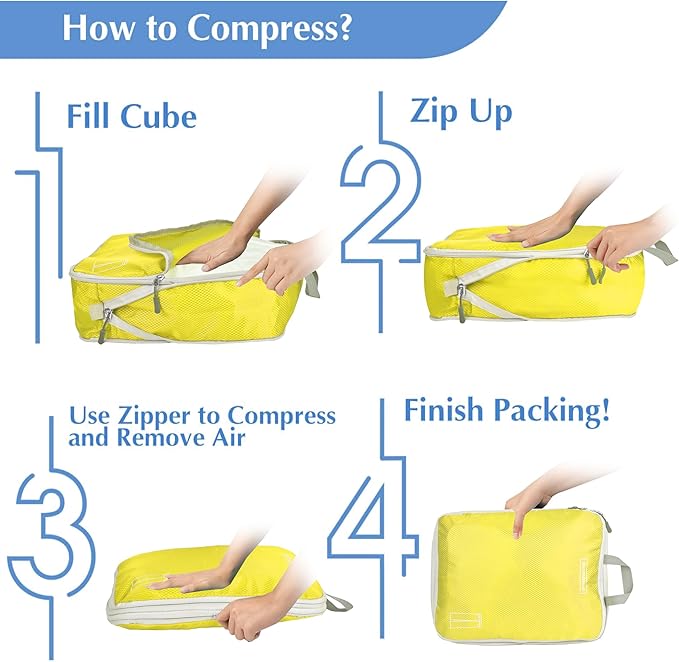 8 Set Expandable Compression Packing Cubes for Suitcases Travel Essentials Carry On Waterproof Storage Bag With Dry And Wet Separation Yellow