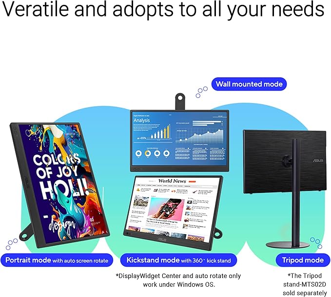 ASUS ZenScreen 16” Portable USB Monitor (MB169CK) - Full HD, IPS, Dual USB-C, Mini-HDMI, Eye Care, Flicker Free, Blue Light Filter, Anti-Glare Surface, 360° Kickstand, 3 yr Warranty